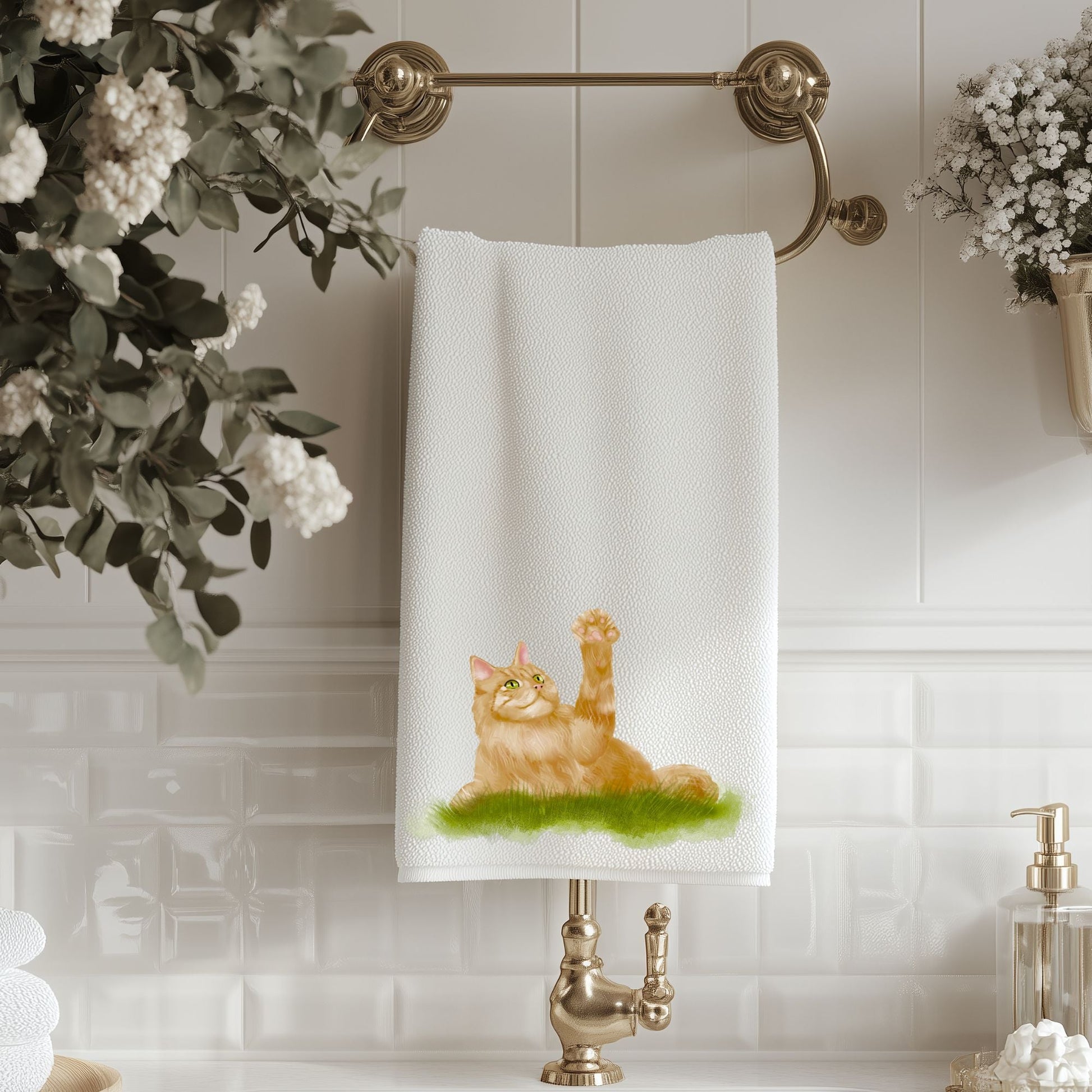 Playful Ginger Cat Bathroom Towel - MerikaArt