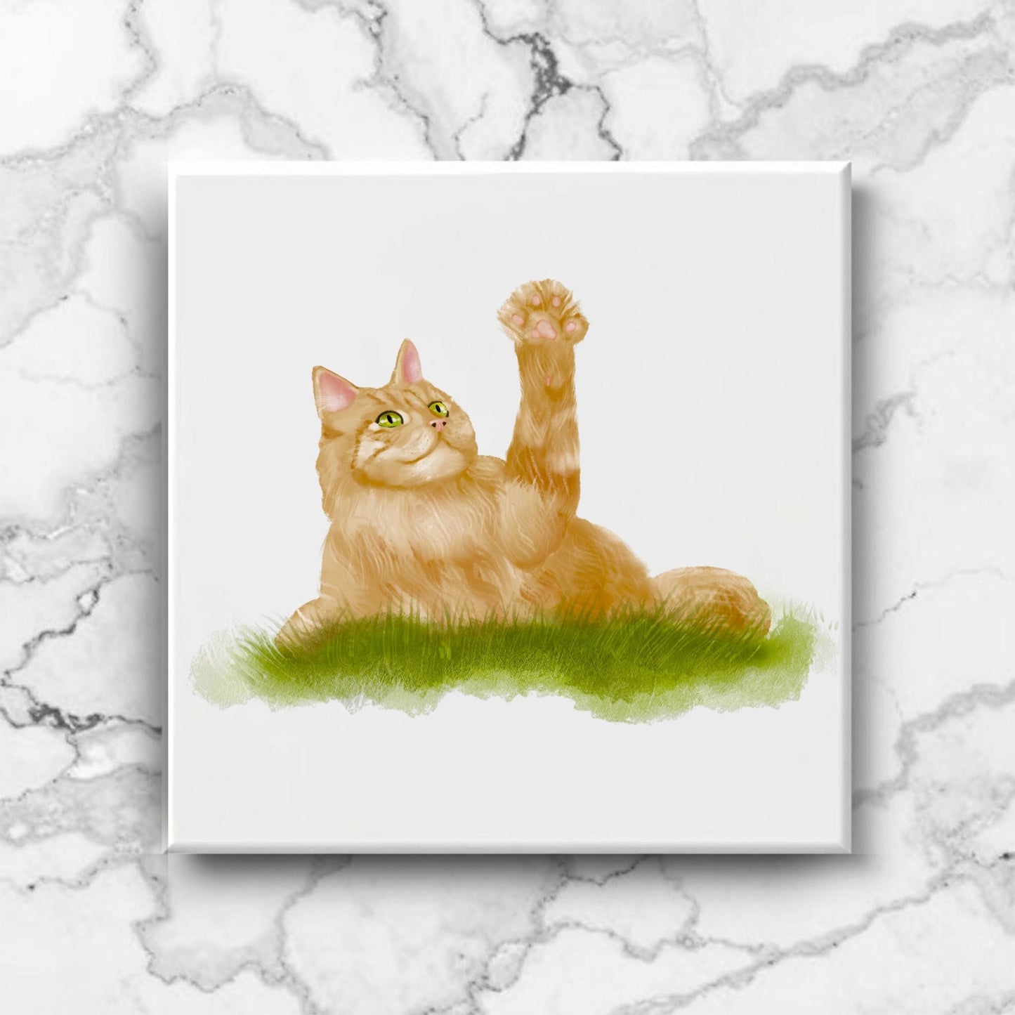 Playful Ginger Cat Ceramic Tile - MerikaArt