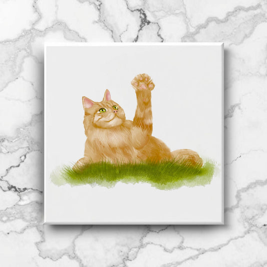 Playful Ginger Cat Ceramic Tile - MerikaArt