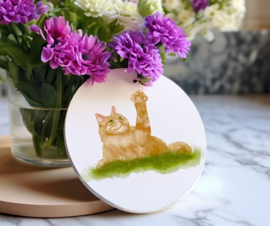 Playful Orange Tabby Cat Ceramic Coaster - MerikaArt