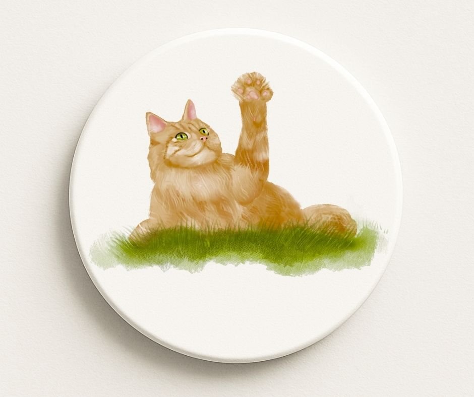 Playful Orange Tabby Cat Ceramic Coaster - MerikaArt