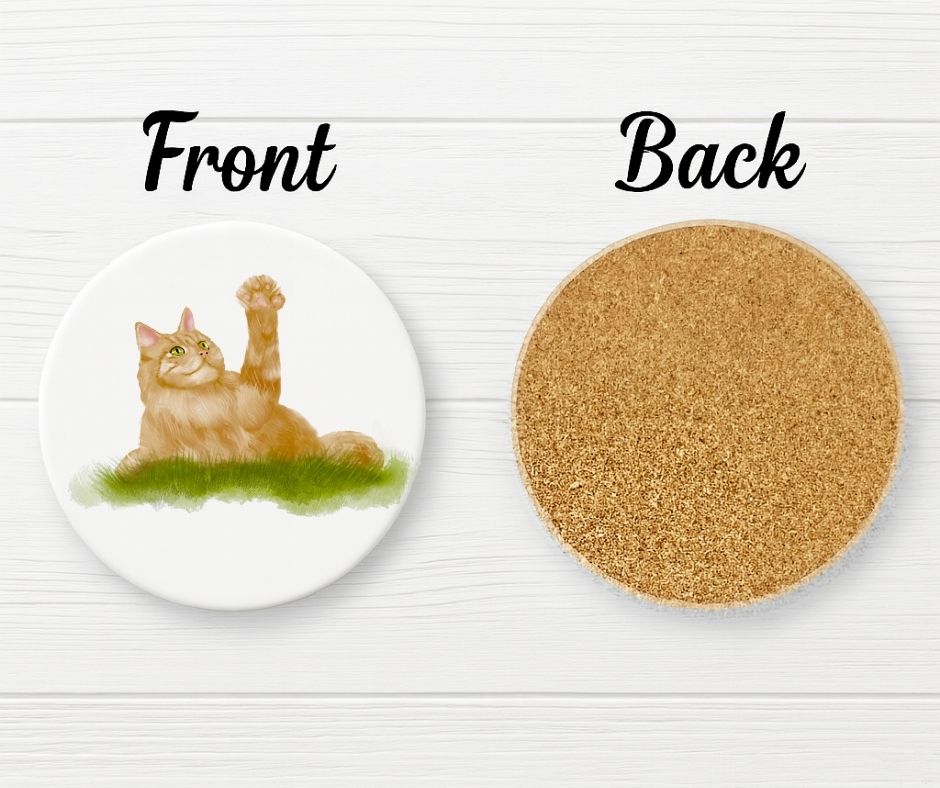 Playful Orange Tabby Cat Ceramic Coaster - MerikaArt