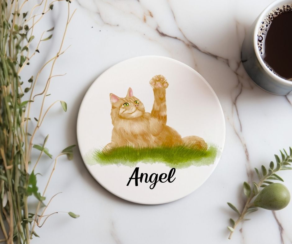 Playful Orange Tabby Cat Ceramic Coaster - MerikaArt