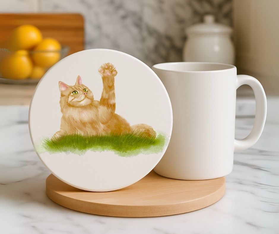 Playful Orange Tabby Cat Ceramic Coaster - MerikaArt