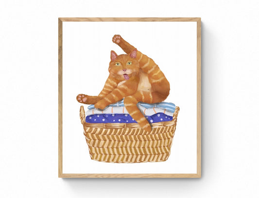 Playful Orange Tabby Cat in Laundry Basket – Fun Cat Art Print - MerikaArt