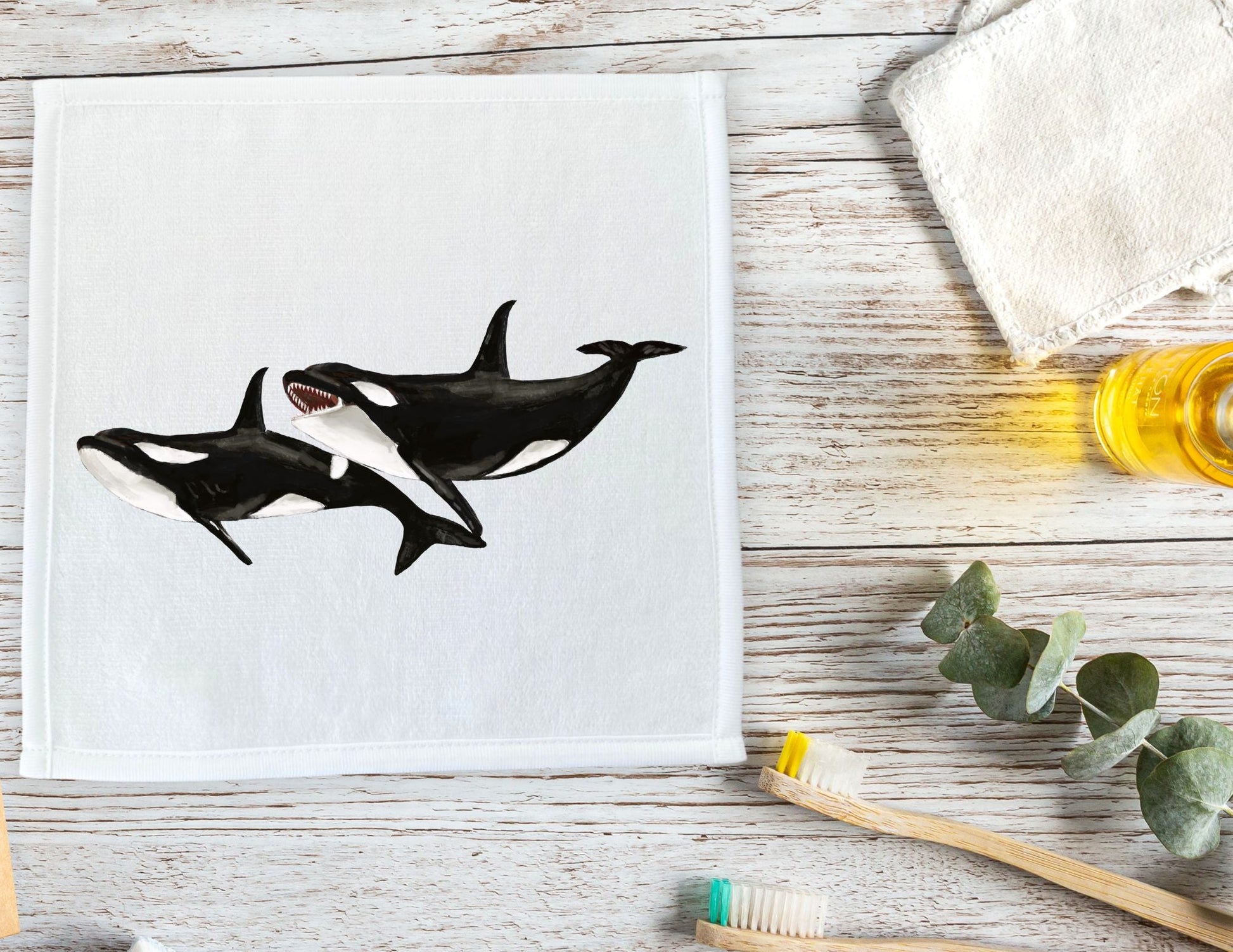 Playful Orcas Washcloth - MerikaArt