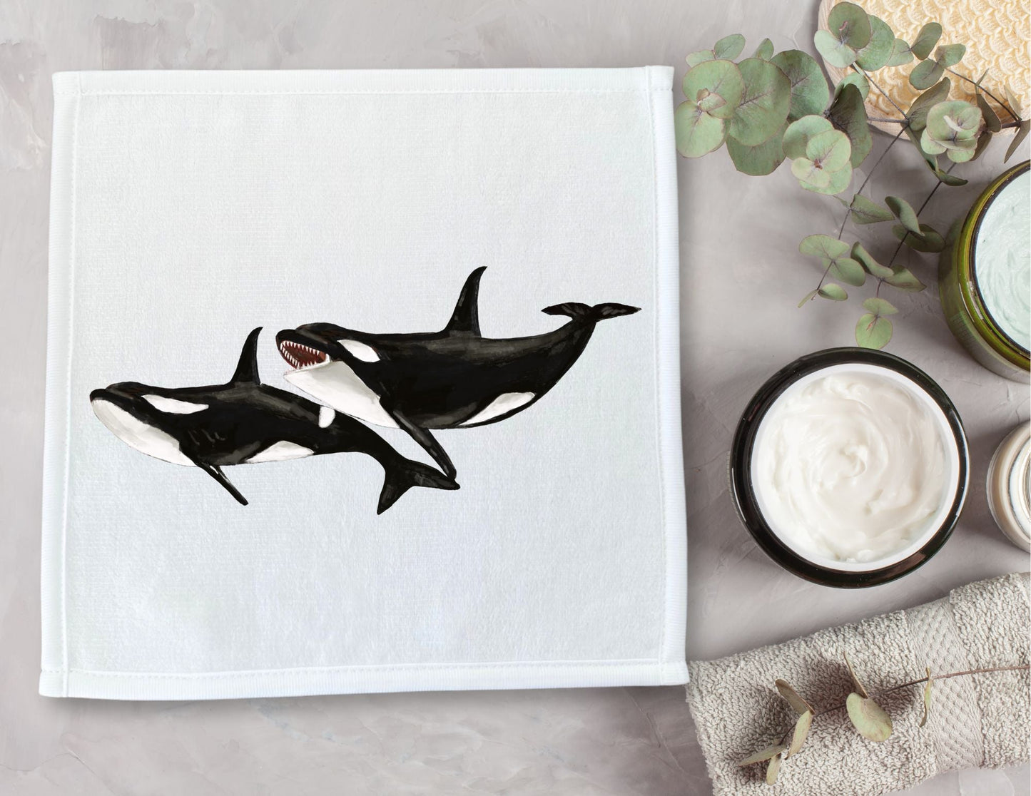 Playful Orcas Washcloth - MerikaArt