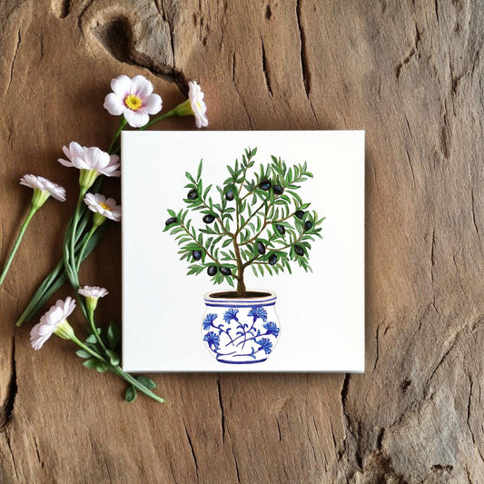 Potted Olive Tree Ceramic Tile – Handcrafted Mediterranean Decor - MerikaArt