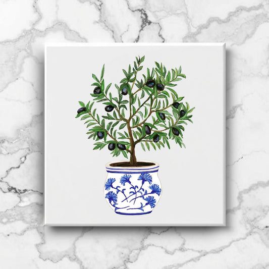 Potted Olive Tree Ceramic Tile – Handcrafted Mediterranean Decor - MerikaArt