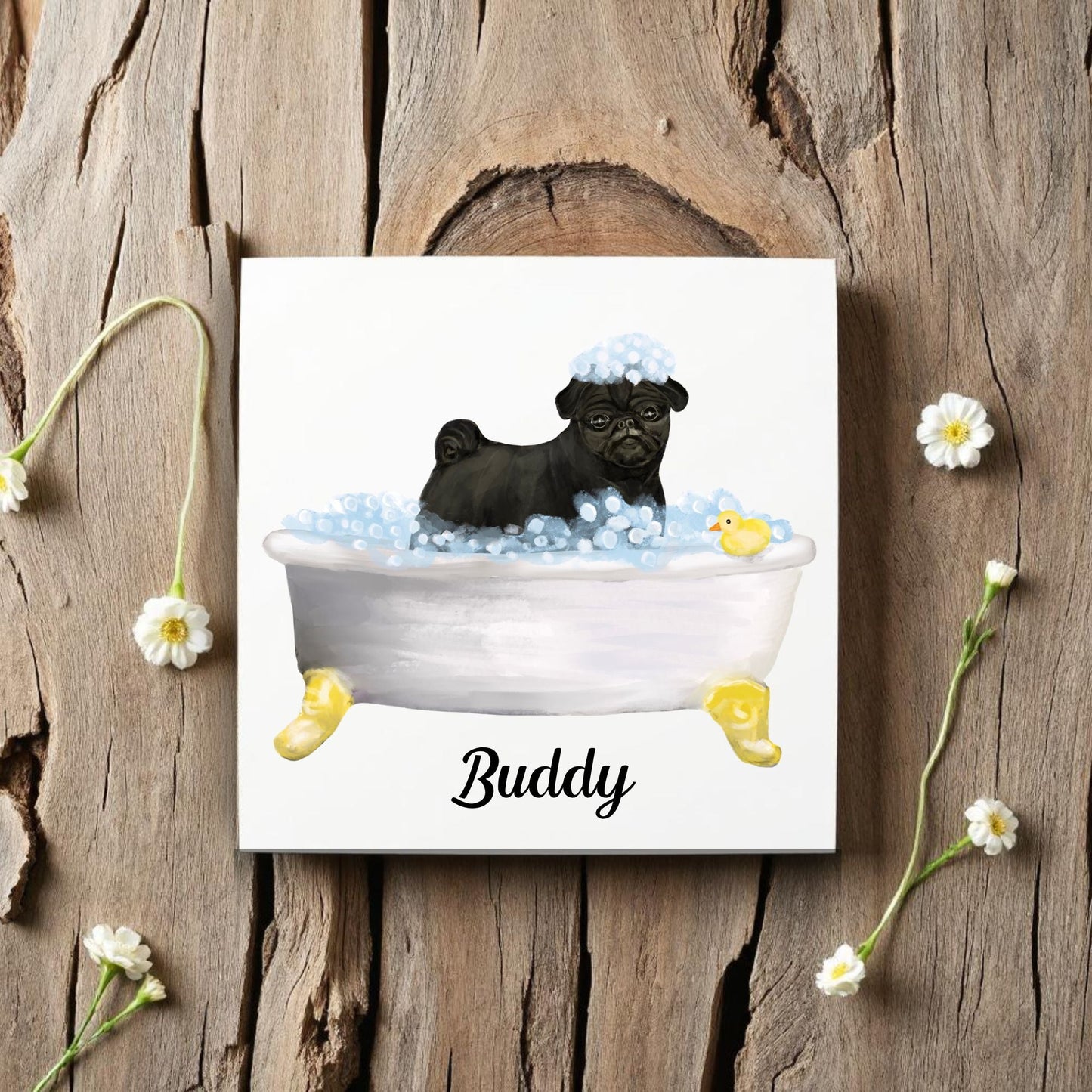 Pug Dog in Bathtub Ceramic Tile – Handcrafted Whimsical Pet Art Decor - MerikaArt