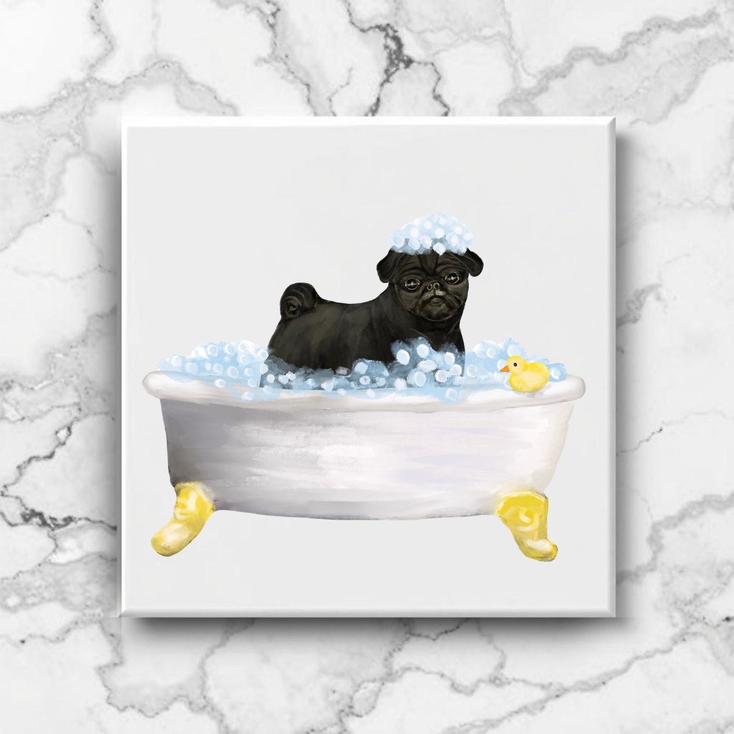 Pug Dog in Bathtub Ceramic Tile – Handcrafted Whimsical Pet Art Decor - MerikaArt