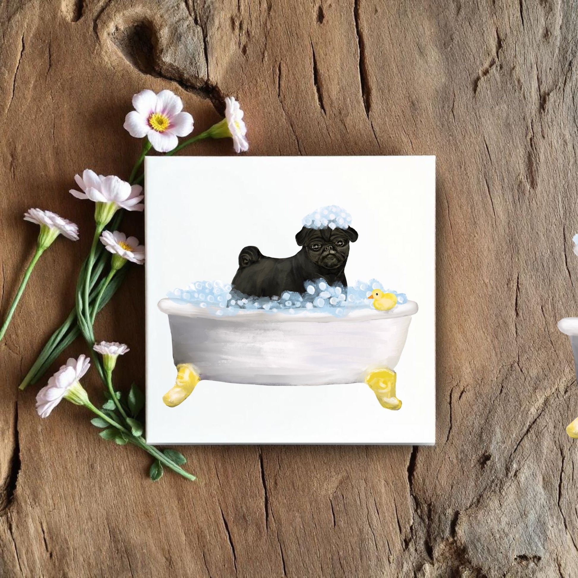 Pug Dog in Bathtub Ceramic Tile – Handcrafted Whimsical Pet Art Decor - MerikaArt