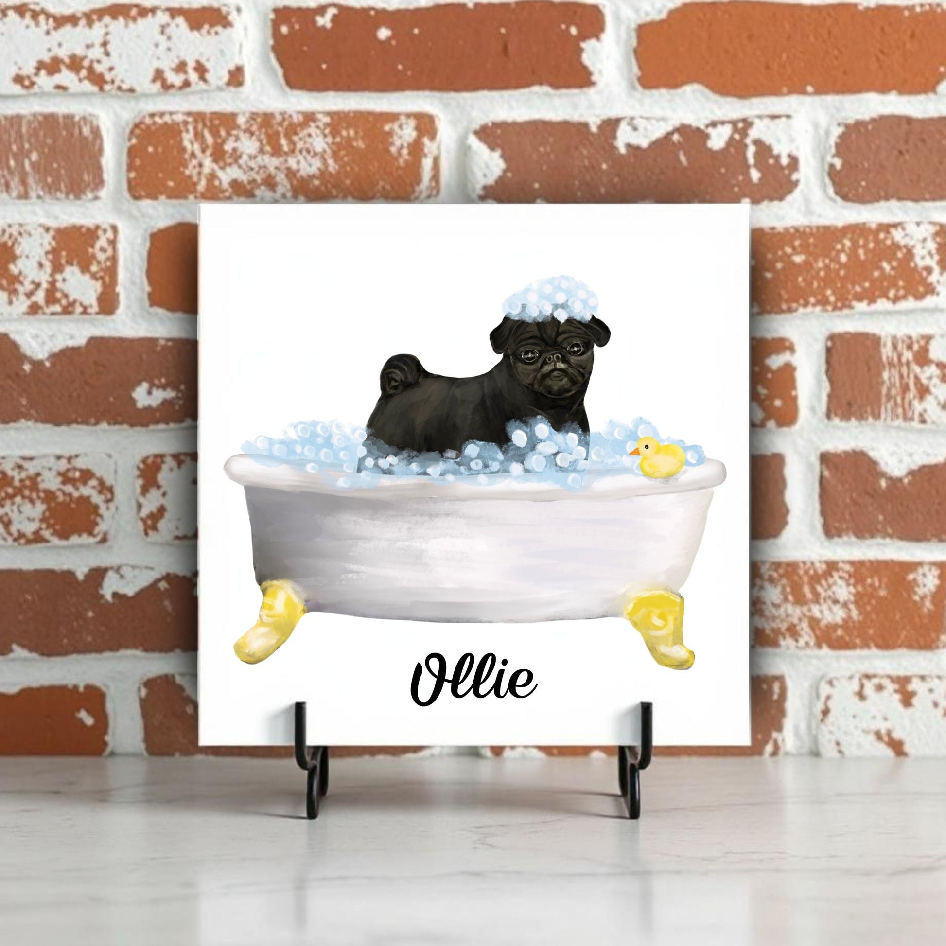 Pug Dog in Bathtub Ceramic Tile – Handcrafted Whimsical Pet Art Decor - MerikaArt