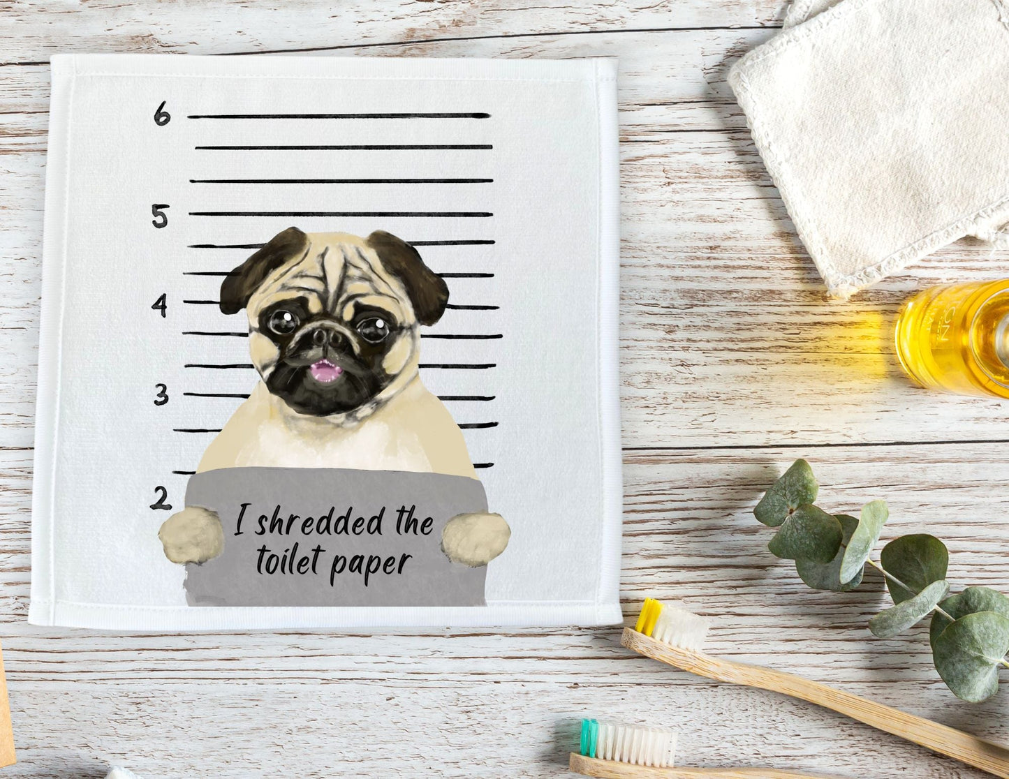 Pug Mugshot Washcloth - MerikaArt
