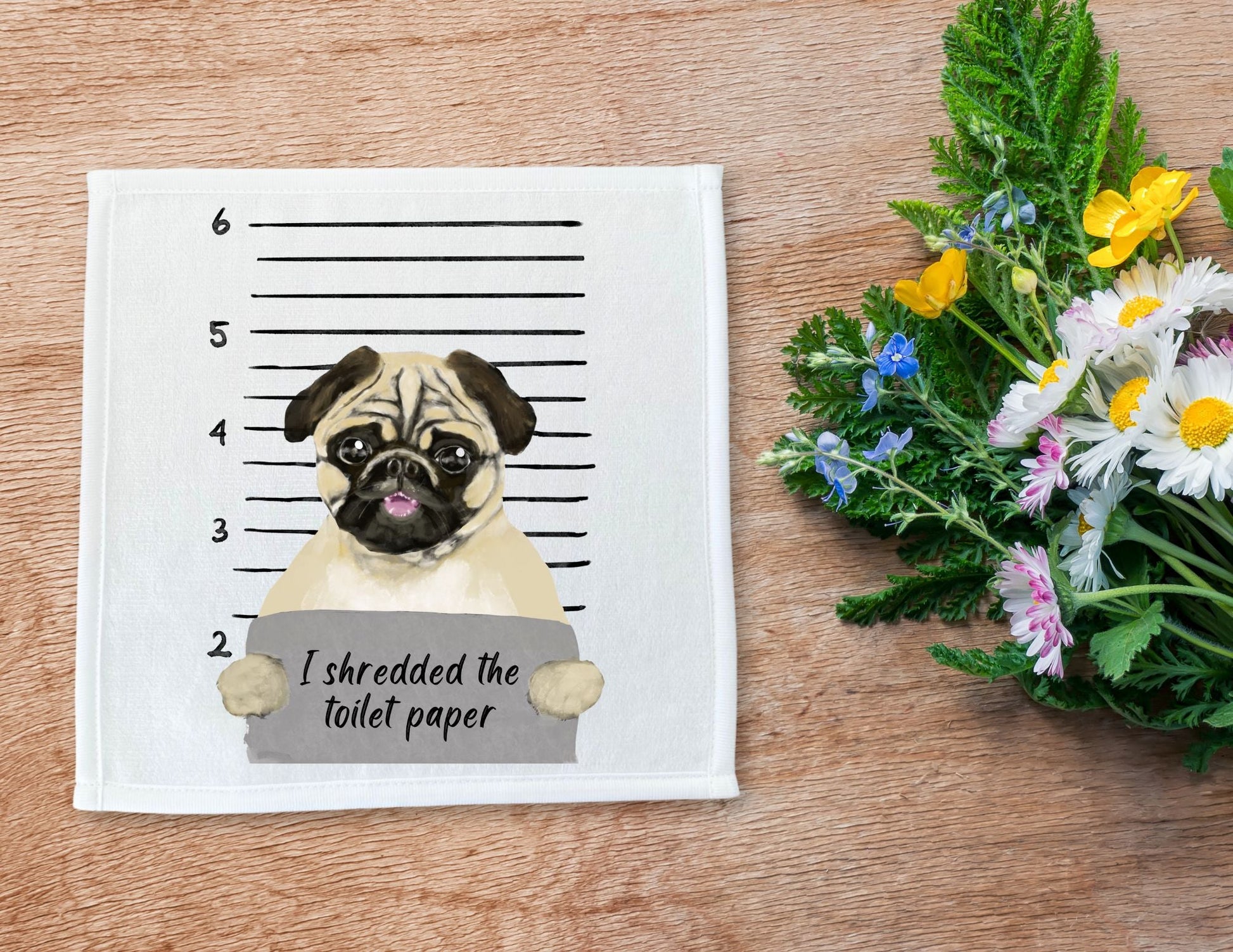 Pug Mugshot Washcloth - MerikaArt