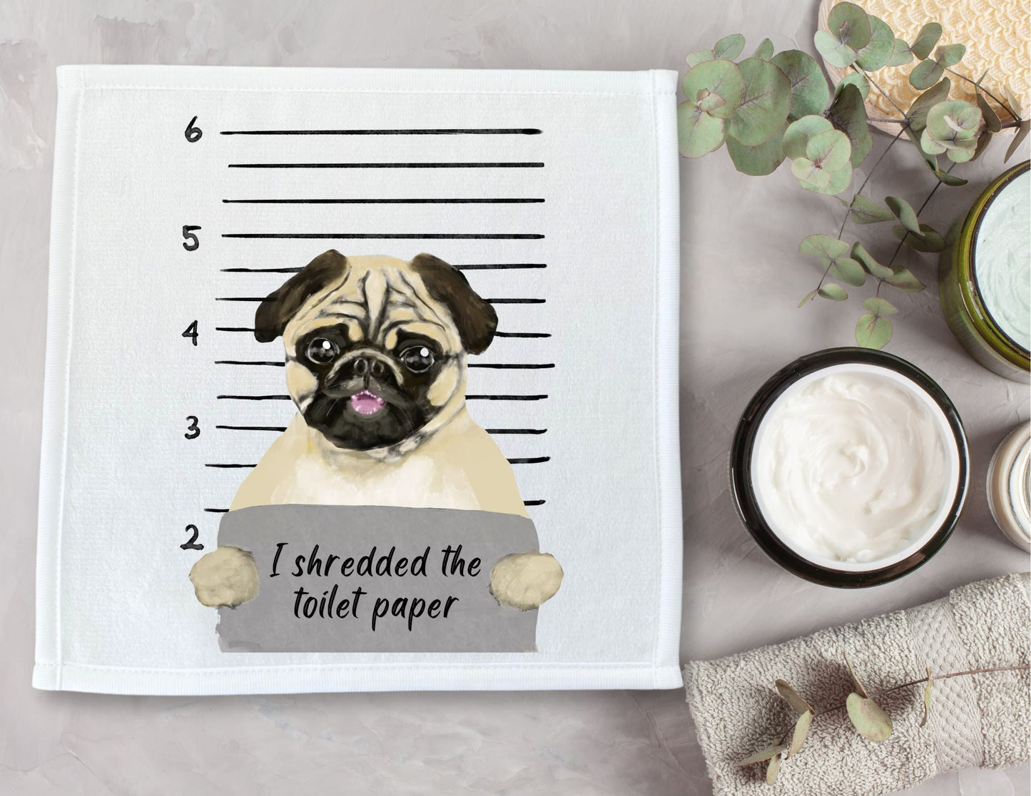 Pug Mugshot Washcloth - MerikaArt