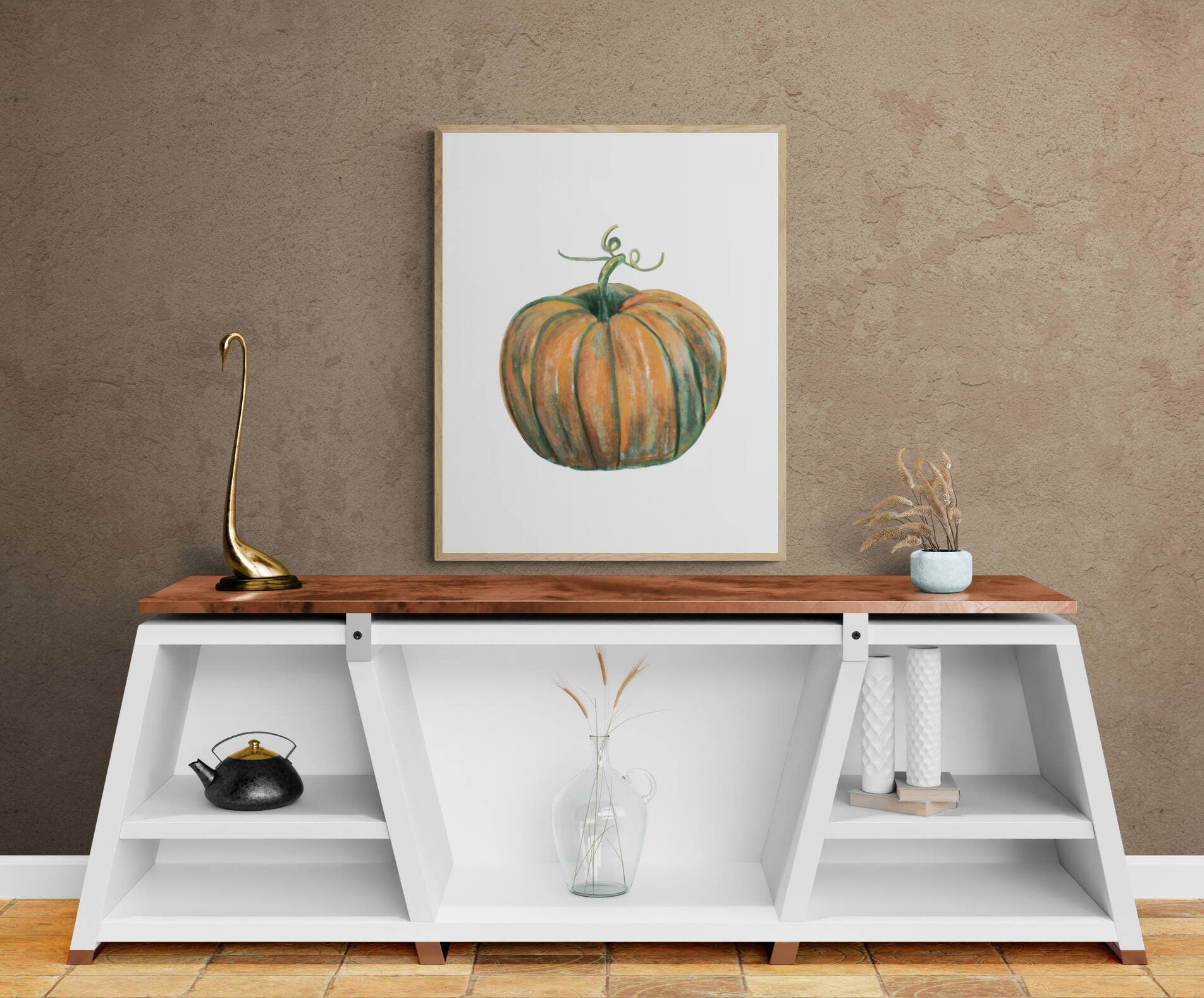 Pumpkin Print, Halloween Pumpkin Painting, Fall Decor, Living Room Art, Holiday Wall Art, Orange Green Pumpkin Illustration, Autumn Wall Art - MerikaArt