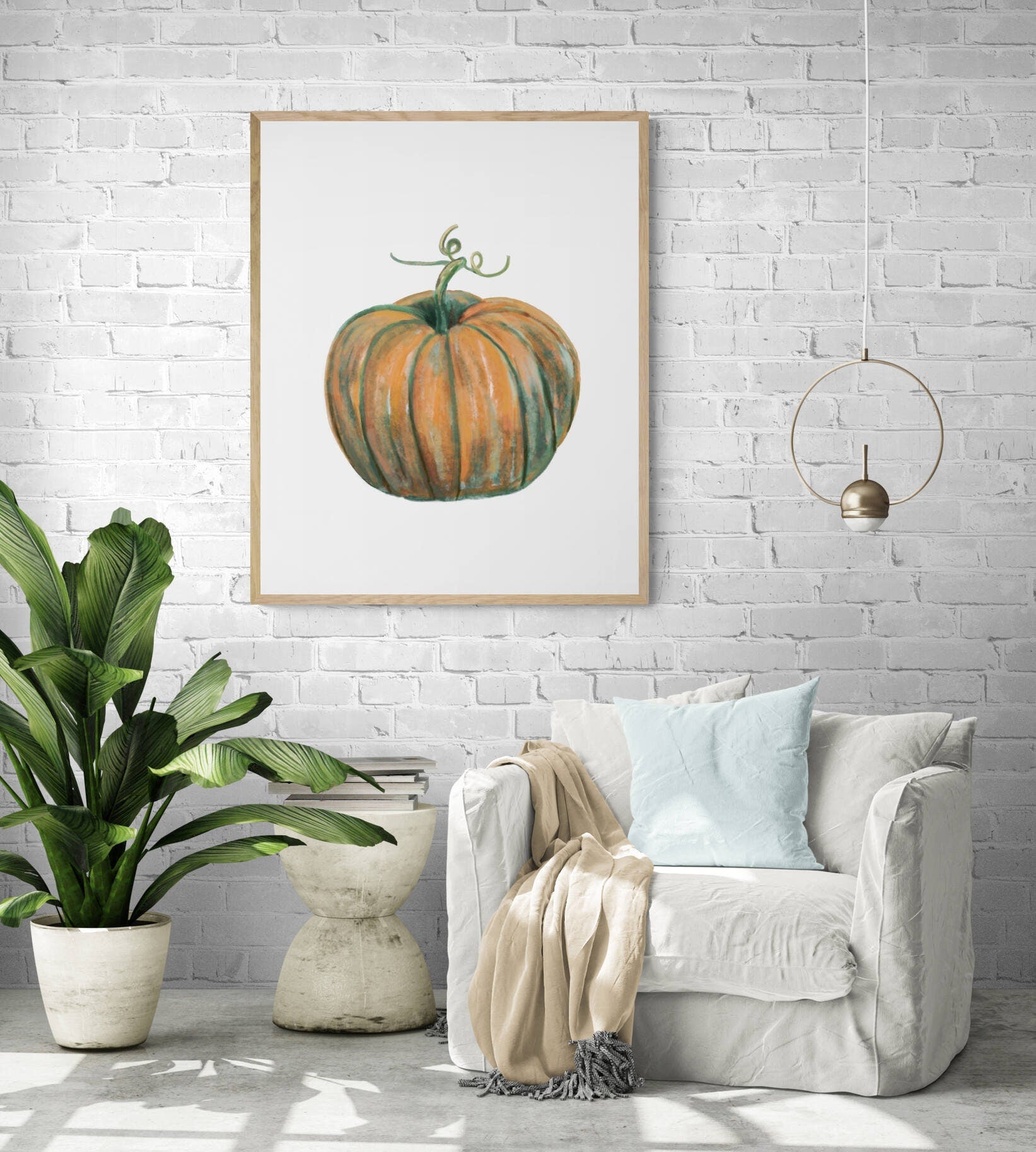 Pumpkin Print, Halloween Pumpkin Painting, Fall Decor, Living Room Art, Holiday Wall Art, Orange Green Pumpkin Illustration, Autumn Wall Art - MerikaArt