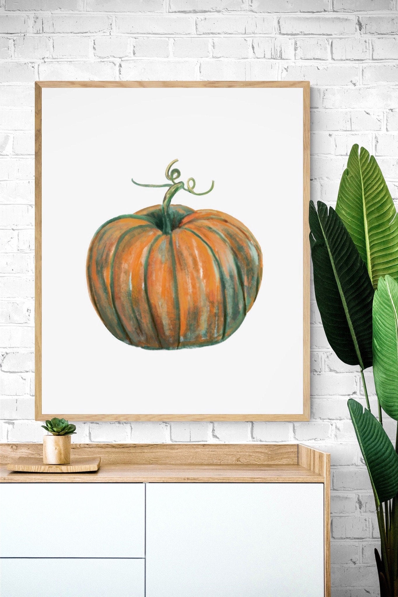 Pumpkin Print, Halloween Pumpkin Painting, Fall Decor, Living Room Art, Holiday Wall Art, Orange Green Pumpkin Illustration, Autumn Wall Art - MerikaArt