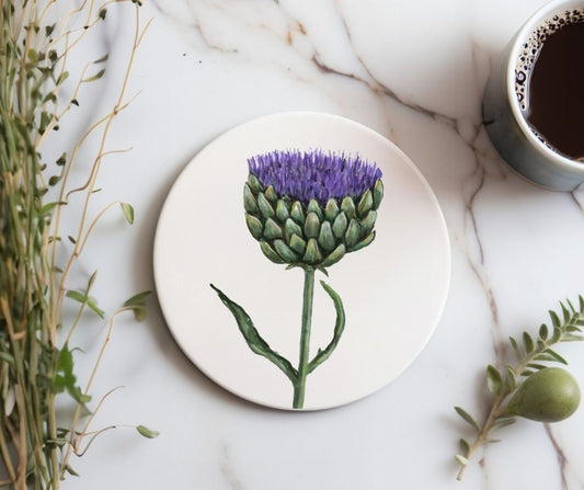Purple Artichoke Flower Ceramic Coaster - MerikaArt