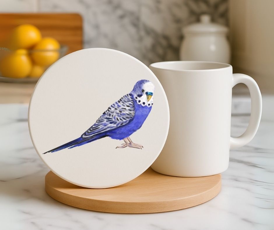 Purple Blue Budgie Ceramic Coaster - MerikaArt