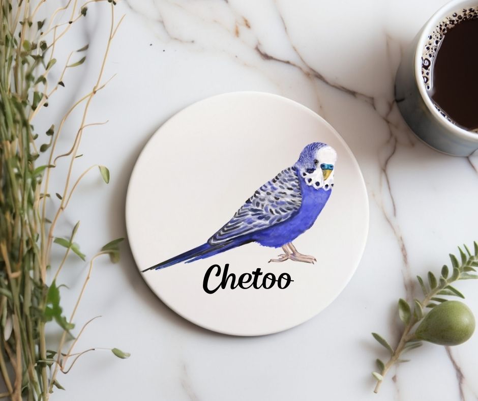 Purple Blue Budgie Ceramic Coaster - MerikaArt
