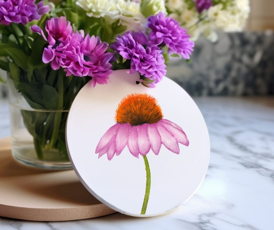 Purple Coneflower Ceramic Coaster - MerikaArt