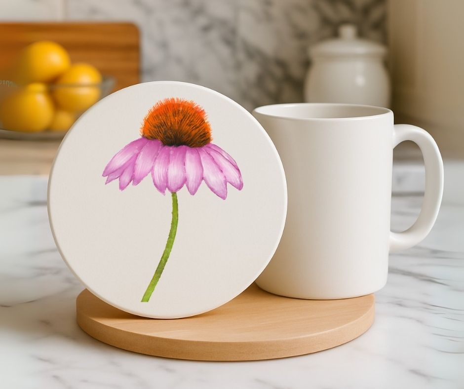 Purple Coneflower Ceramic Coaster - MerikaArt