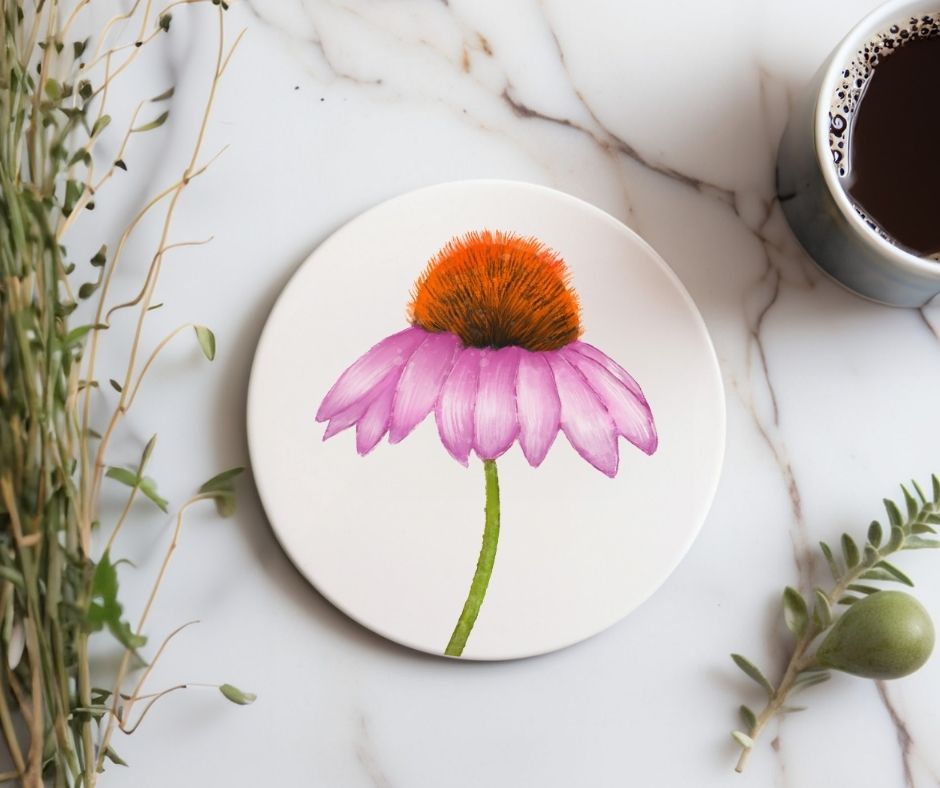 Purple Coneflower Ceramic Coaster - MerikaArt