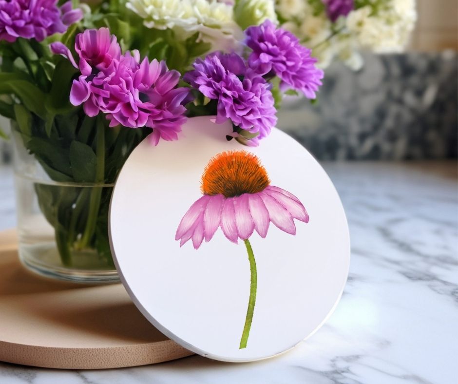 Purple Coneflower Ceramic Coaster - MerikaArt