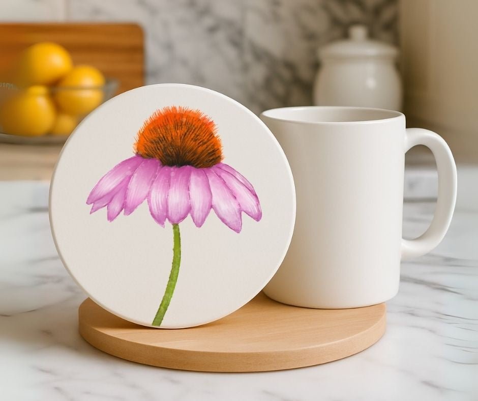 Purple Coneflower Ceramic Coaster - MerikaArt