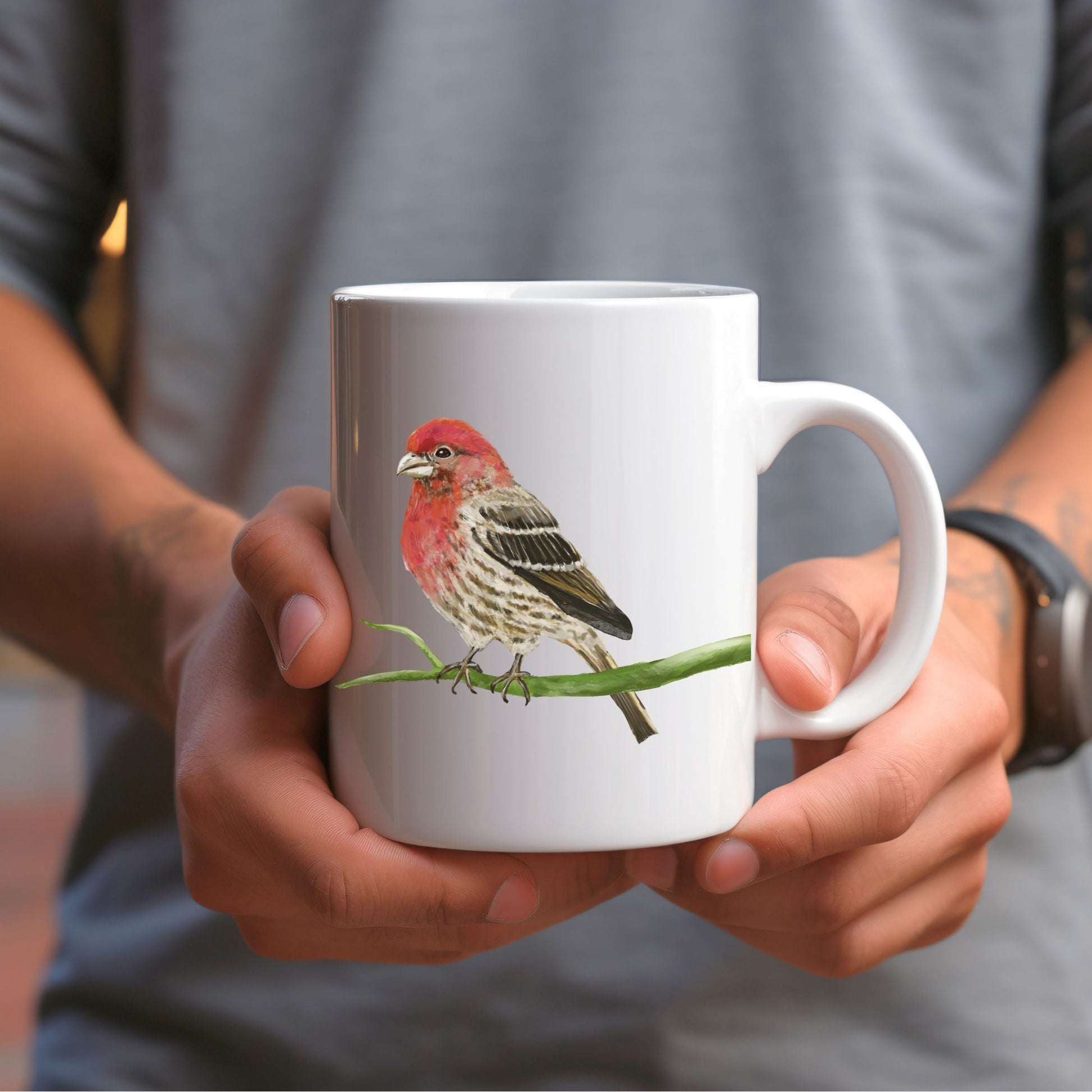 Purple Finch Mug with Beautiful Bird Illustration - MerikaArt