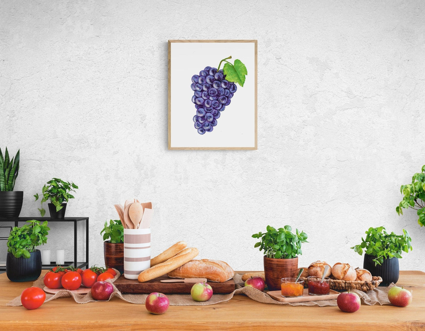 Purple Grape Art Print, Wine Art, Kitchen Wall Hanging, Dining Room Decor, Grape Painting, Fruit Illustration, Farmhouse Wall Decor - MerikaArt