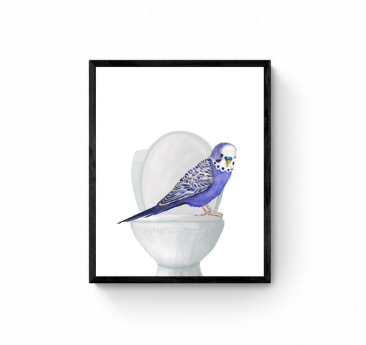 Purple Parakeet On Toilet Print, Budgie Artwork, Bathroom Wall Art, Bird Memorial Painting, Bird Relaxing In Bath Print, Bird Lover Gift - MerikaArt
