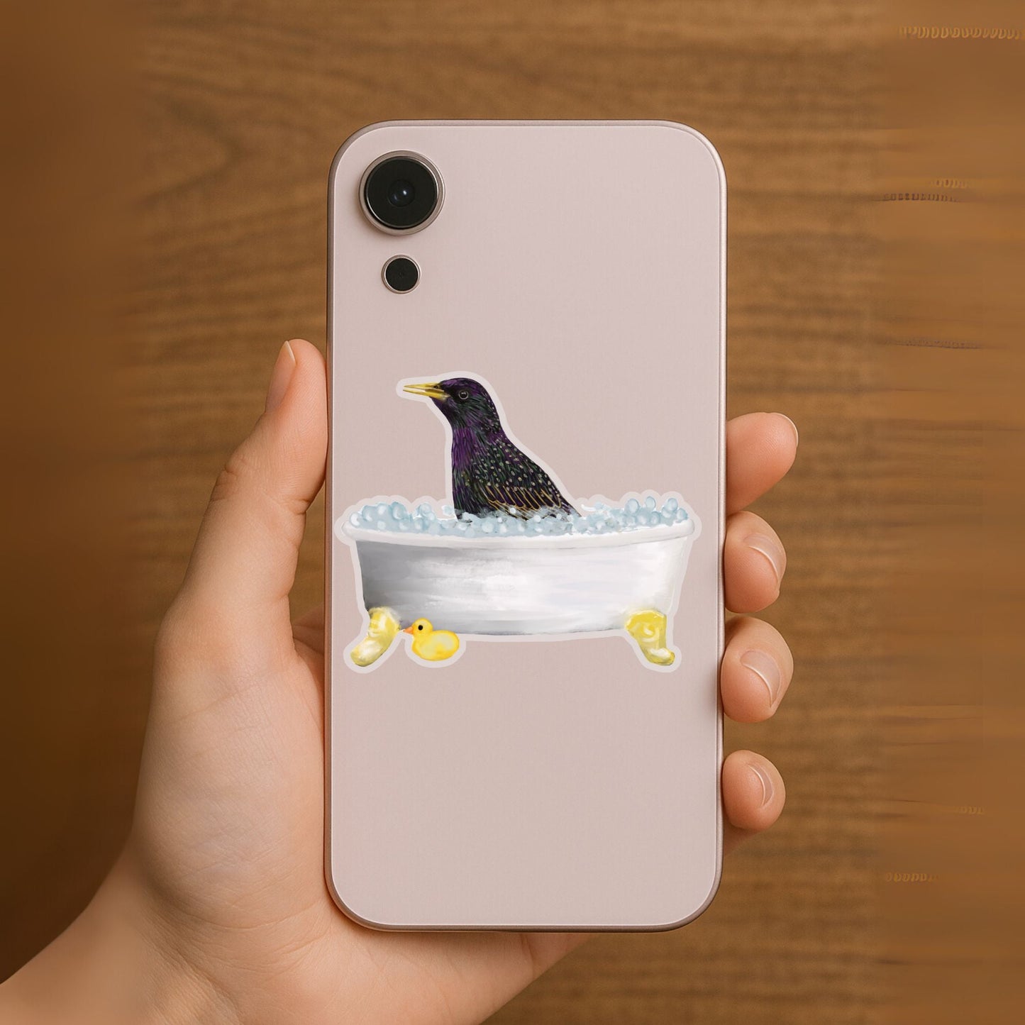 Purple Starling in Bathtub Vinly Sticker - MerikaArt