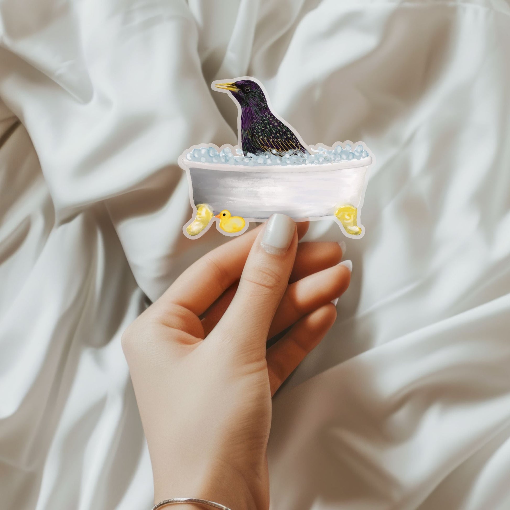 Purple Starling in Bathtub Vinly Sticker - MerikaArt