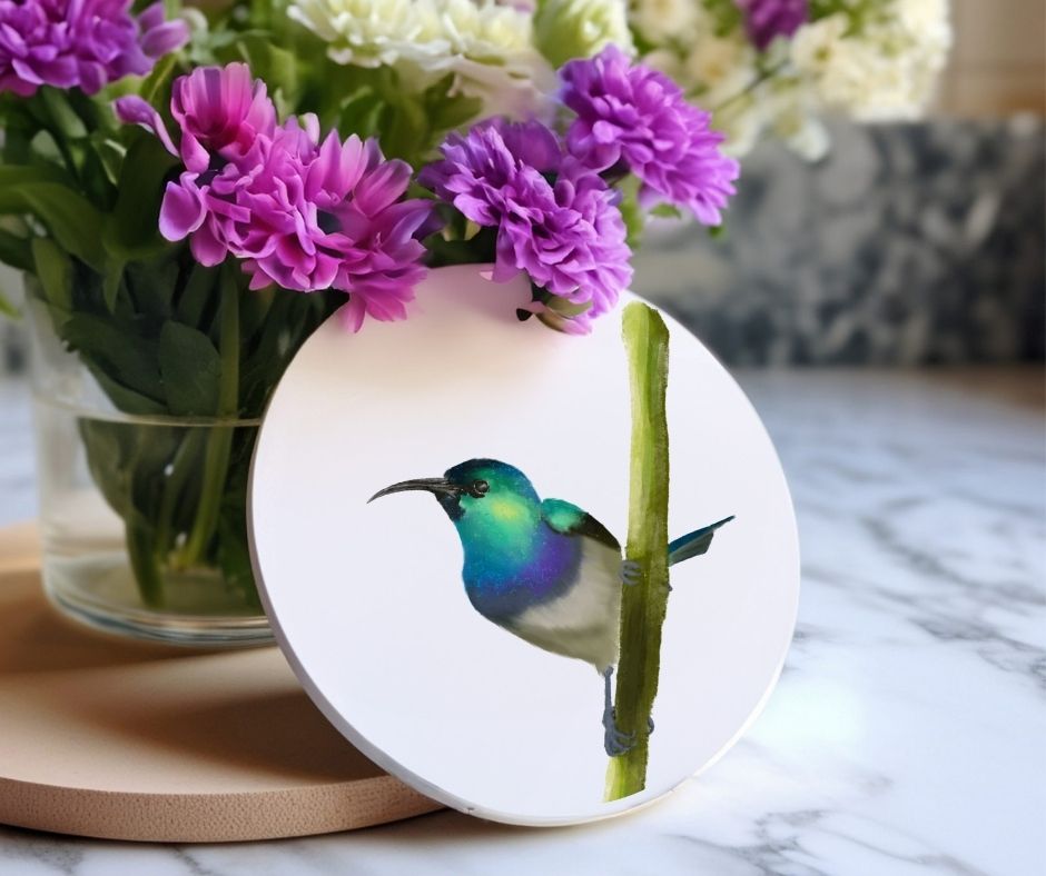 Purple Sunbird Ceramic Coaster - MerikaArt