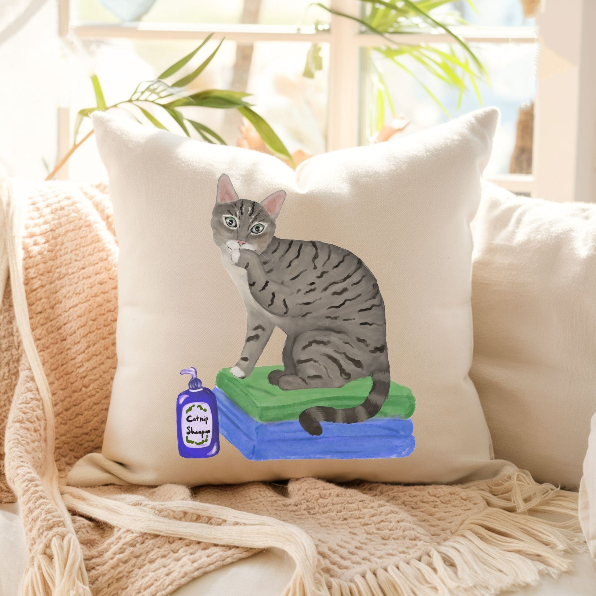 Quirky Gray Tabby Cat Pillow - Fun and Artistic Home Decor - MerikaArt