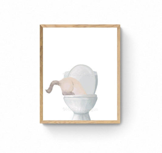 Ragdoll Cat Drinking Water From Toilet Art, Fat Ragdoll Cat Print, Bathroom Decor, Cat Painting, Kitty Licking Water From Toilet Art - MerikaArt