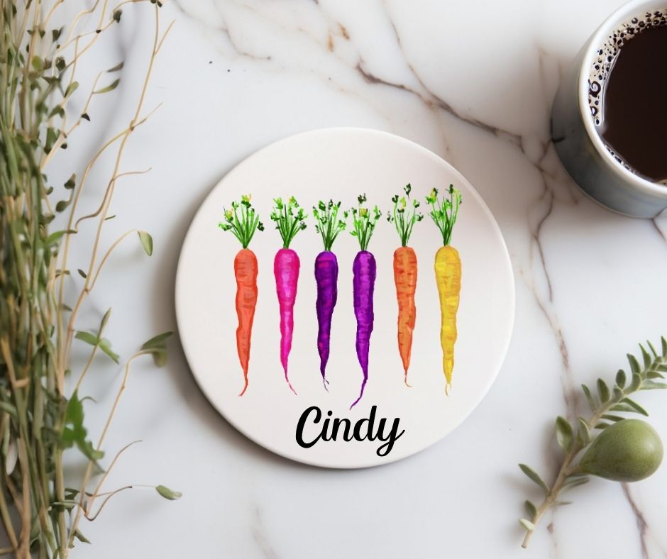 Rainbow Carrots Ceramic Coaster - MerikaArt