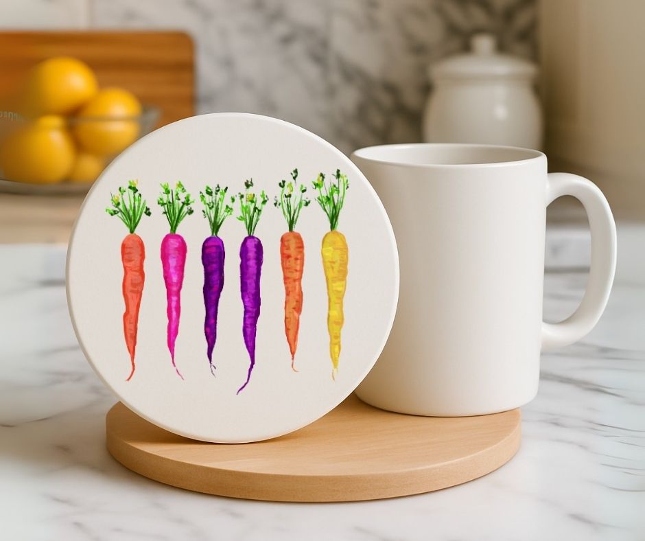 Rainbow Carrots Ceramic Coaster - MerikaArt