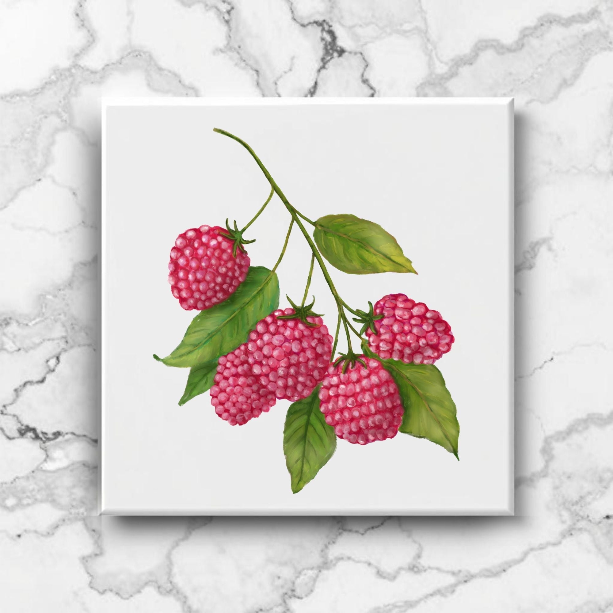 Raspberry Illustration Ceramic Tile – Handcrafted Kitchen Decor – MerikaArt