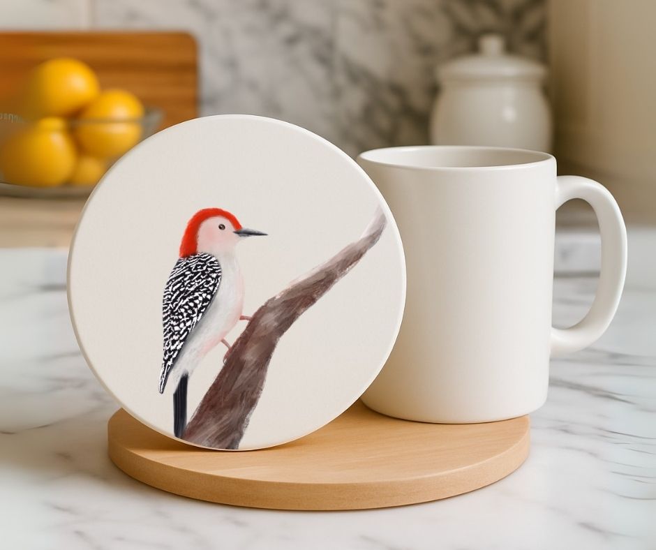 Red - bellied Woodpecker Ceramic Coaster - MerikaArt