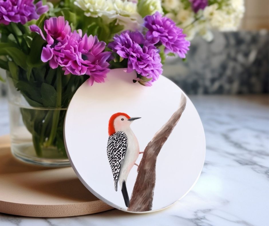 Red - bellied Woodpecker Ceramic Coaster - MerikaArt