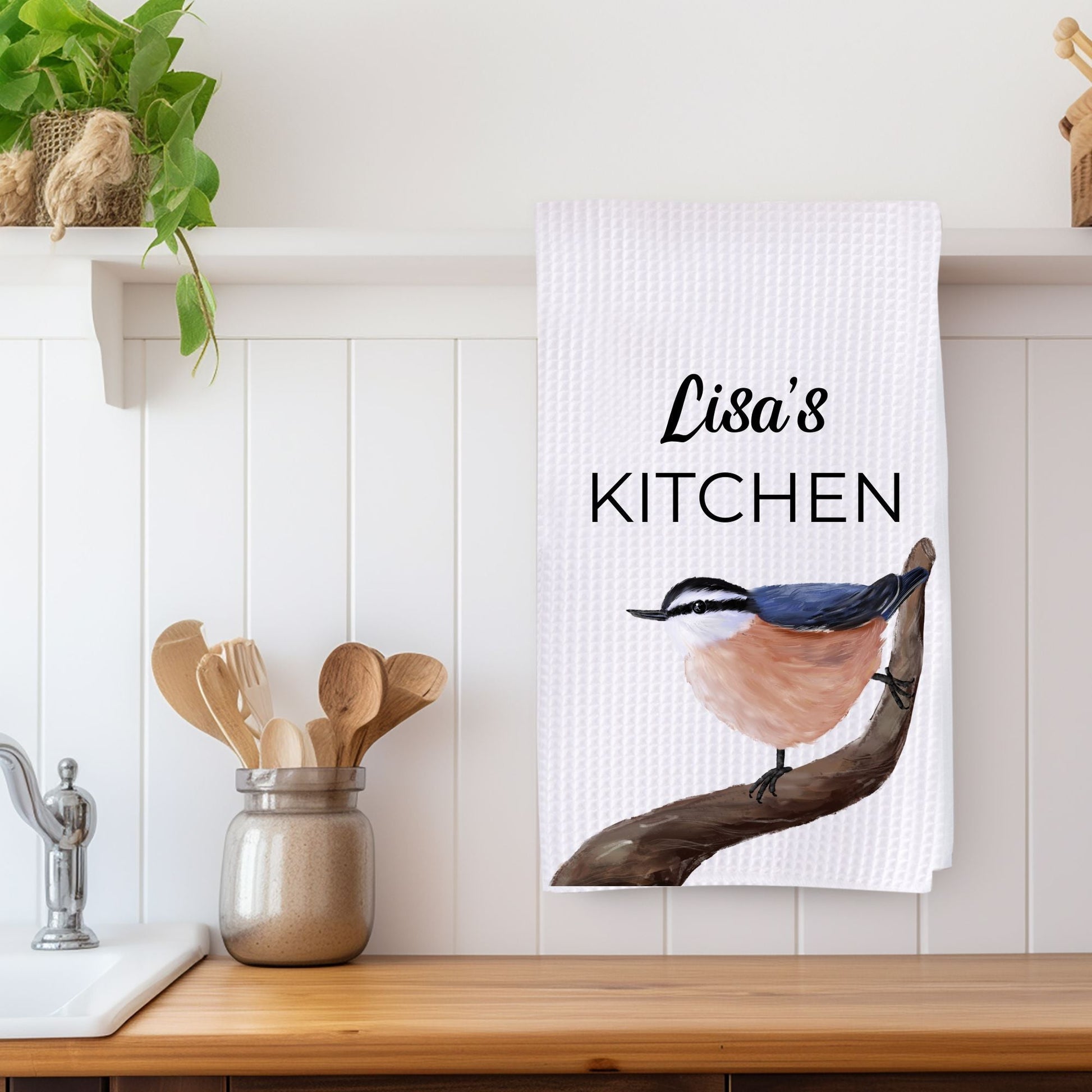 Red - breasted Nuthatch Bird Kitchen Towel - MerikaArt