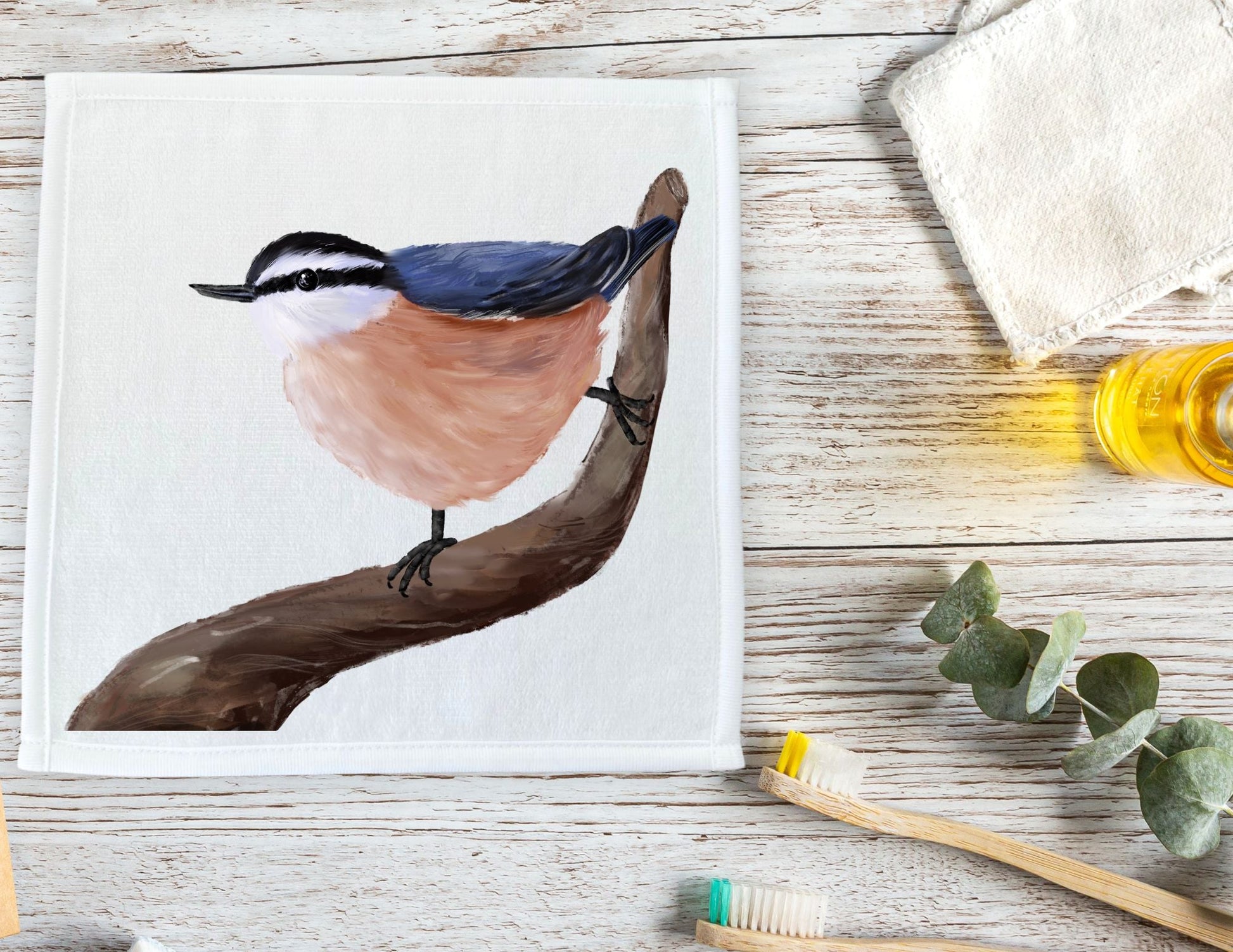 Red - Breasted Nuthatch Bird Washcloth - MerikaArt