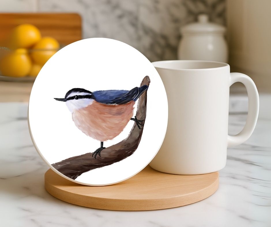 Red - breasted Nuthatch Ceramic Coaster - MerikaArt
