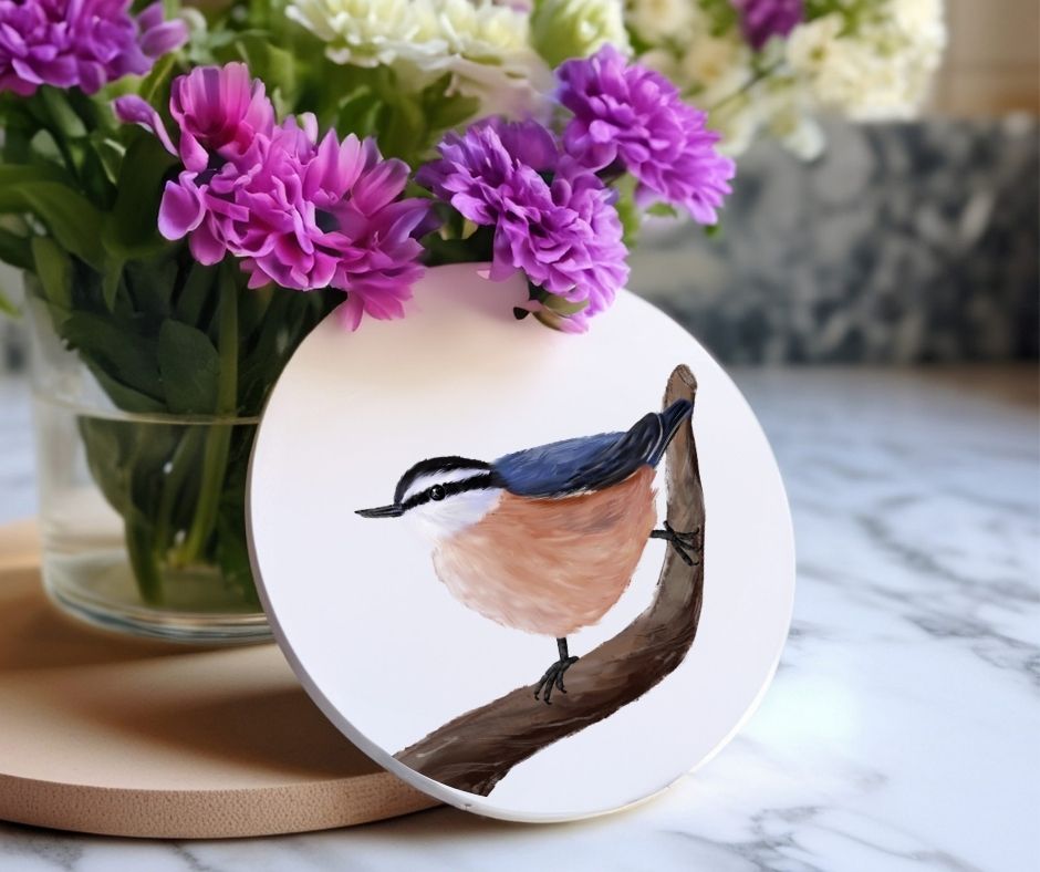 Red - breasted Nuthatch Ceramic Coaster - MerikaArt