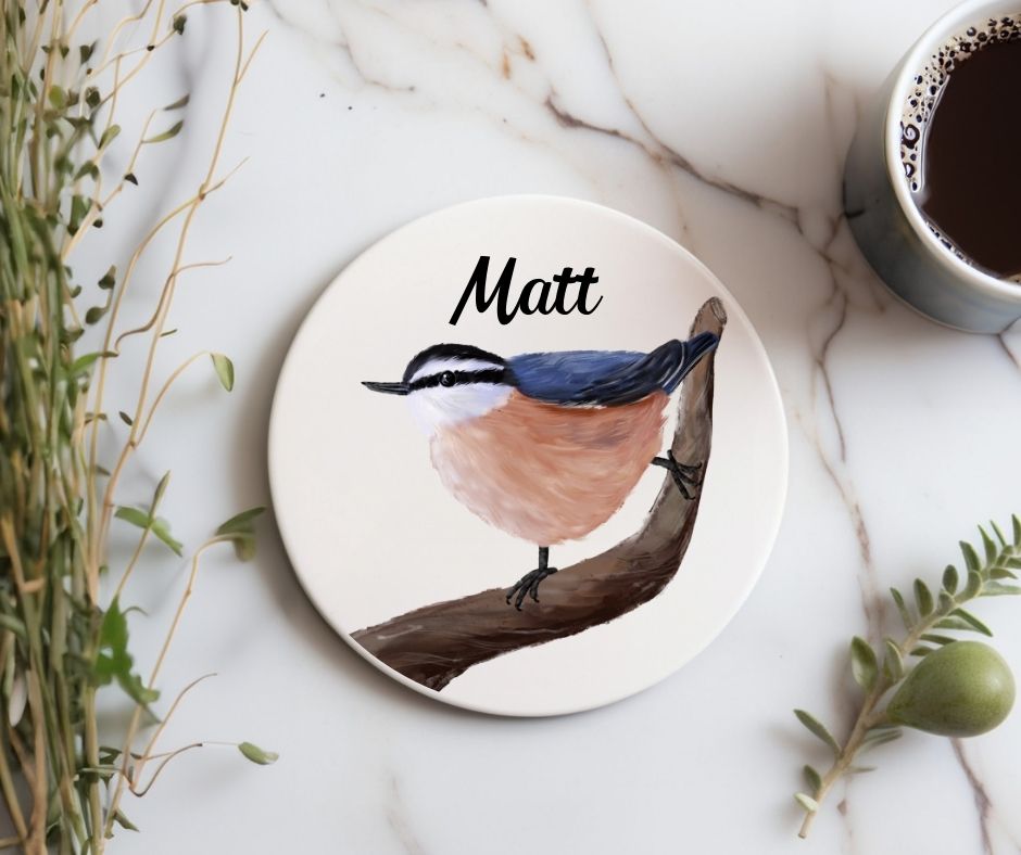 Red - breasted Nuthatch Ceramic Coaster - MerikaArt