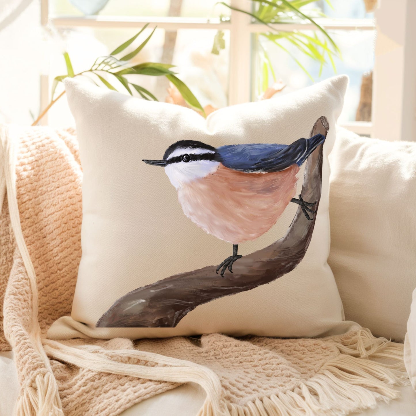 Red Breasted Nuthatch Decorative Pillow - MerikaArt